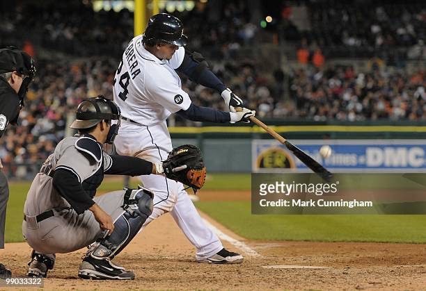 Miguel Cabrera of the Detroit Tigers bats against the New York Yankees during the game at Comerica Park on May 10, 2010 in Detroit, Michigan. The...