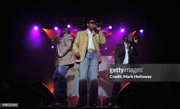 Wanya Morris, Shawn Stockman and Nathan Morris of Boyz II Men perform on stage at O2 Academy on May 11, 2010 in Bournemouth, England.