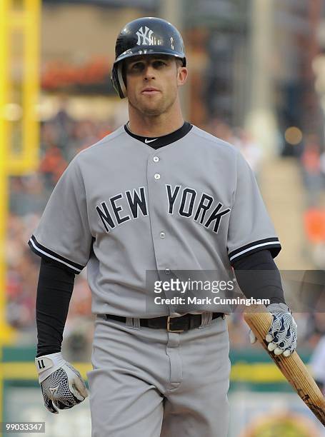 Brett Gardner of the New York Yankees looks on against the Detroit Tigers during the game at Comerica Park on May 10, 2010 in Detroit, Michigan. The...