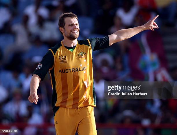 Dirk Nannes of Australia celebrates the wicket of Chris Gayle during the ICC World Twenty20 Super Eight match between the West Indies and Australia...