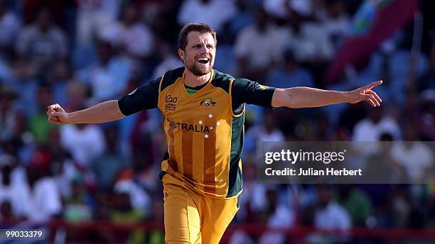 Dirk Nannes of Australia celebrates the wicket of Chris Gayle during the ICC World Twenty20 Super Eight match between the West Indies and Australia...