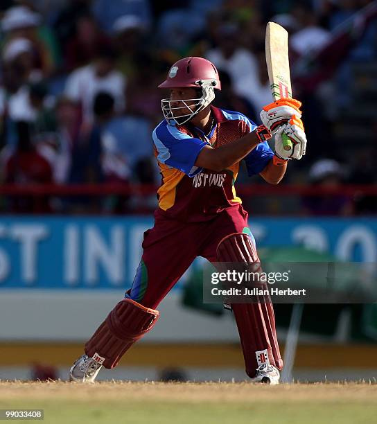 Ramnaresh Sarwan of the West Indies hits out during the ICC World Twenty20 Super Eight match between the West Indies and Australia played at the...