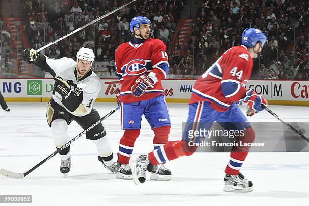 Tomas Plekanec of Montreal Canadiens waits for a pass in front of Jordan Staal of the Pittsburgh Penguins in Game Four of the Eastern Conference...