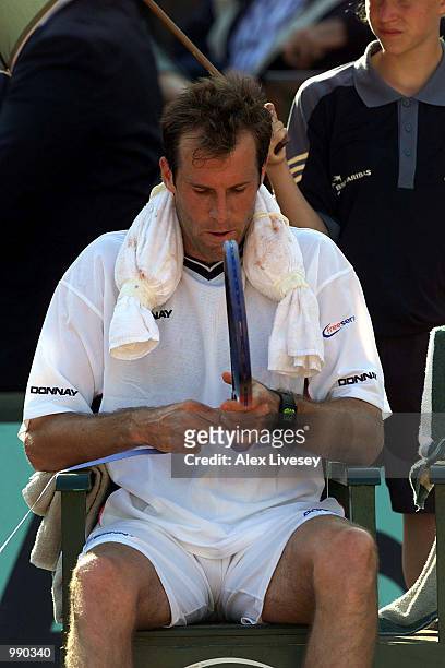 Greg Rusedski of Great Britain after losing his second round match against Fabrice Santoro of France during the French Open Tennis at Roland Garros,...