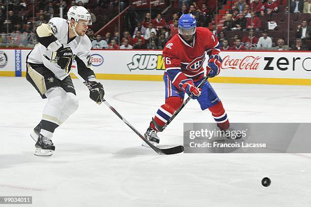 Alexei Ponikarovsky of the Pittsburgh Penguins waits for a pass in front of P.K. Subban of the Montreal Canadiens in Game Four of the Eastern...