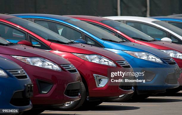 New Ford Fiestas sit outside the Ford Motor Co. Plant in Cuautitlan Izcalli, Mexico, on Tuesday, May 11, 2010. Ford began production of the new 2011...