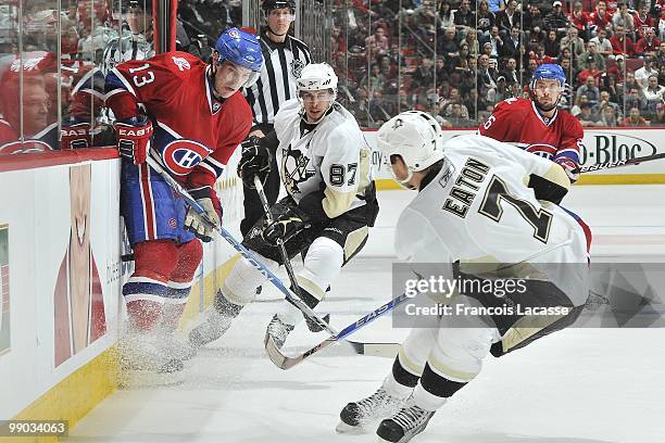 Sidney Crosby of the Pittsburgh Penguins waits for a pass in front of Mike Cammalleri of Montreal Canadiens in Game Four of the Eastern Conference...