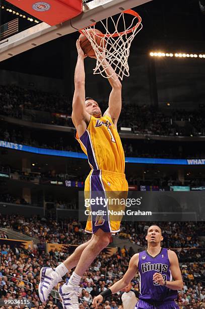 Jordan Farmar of the Los Angeles Lakers moves for the dunk against the Sacramento Kings at Staples Center on April 13, 2010 in Los Angeles,...