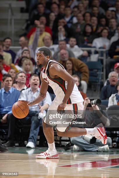 John Salmons of the Milwaukee Bucks drives the ball against the Utah Jazz on March 12, 2010 at the Bradley Center in Milwaukee, Wisconsin. NOTE TO...