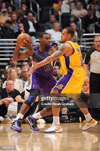 Tyreke Evans of the Sacramento Kings looks to pass the ball against the Los Angeles Lakers at Staples Center on April 13, 2010 in Los Angeles,...