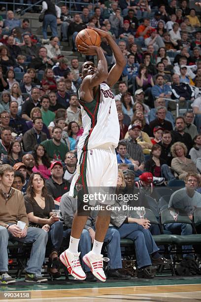 John Salmons of the Milwaukee Bucks makes a jumpshot against the Utah Jazz on March 12, 2010 at the Bradley Center in Milwaukee, Wisconsin.NOTE TO...