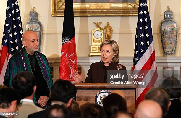 Secretary of State Hillary Rodham Clinton gives remarks during a reception for Afghan President Hamid Karzai at the State Department May 11, 2010 in...