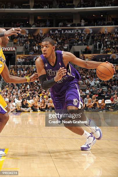 Jason Thompson of the Sacramento Kings drives the ball against the Los Angeles Lakers at Staples Center on April 13, 2010 in Los Angeles, California....