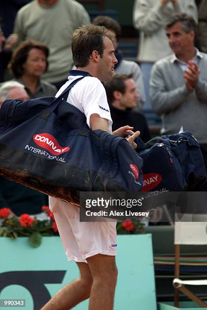 Greg Rusedski of Great Britain after losing his second round match against Fabrice Santoro of France during the French Open Tennis at Roland Garros,...