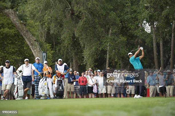 Players Championship: Tiger Woods in action, drive from tee on No 12 during Friday play at Stadium Course of TPC Sawgrass. Ponte Vedra Beach, FL...