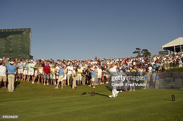 Players Championship: Dustin Johnson in action, drive from tee on No 18 during Friday play at Stadium Course of TPC Sawgrass. Ponte Vedra Beach, FL...