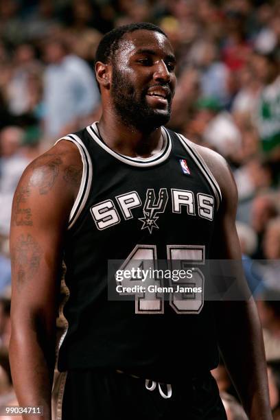 DeJuan Blair of the San Antonio Spurs walks along the side line in Game Five of the Western Conference Quarterfinals against the Dallas Mavericks...