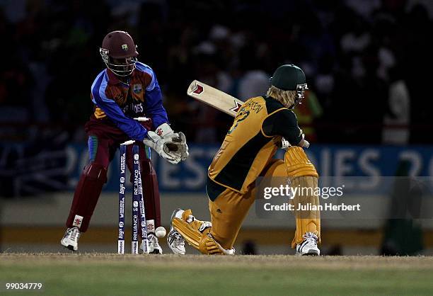 Shane Watson of Australia is bowled out during the ICC World Twenty20 Super Eight match between the West Indies and Australia played at the...