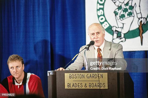 Boston Celtics President Red Auerbach speaks to the media during a press conference to announce Larry Bird's retirement on August 18, 1992 at the...