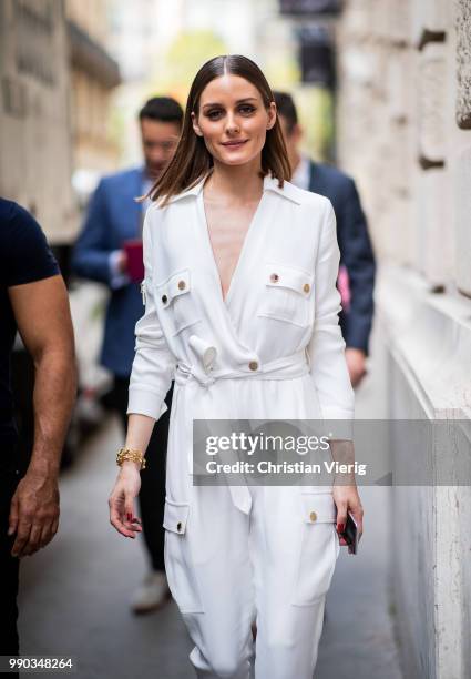 Oliver Palmero wearing white overall is seen outside Ralph & Russo on day two during Paris Fashion Week Haute Couture FW18 on July 2, 2018 in Paris,...