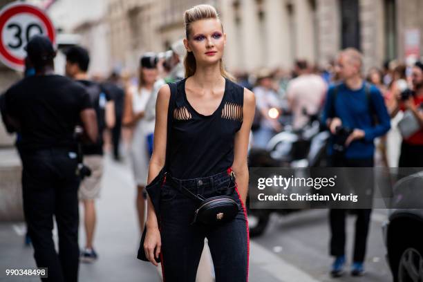 Model is seen outside Ralph & Russo on day two during Paris Fashion Week Haute Couture FW18 on July 2, 2018 in Paris, France.