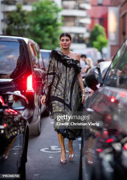 Giovanna Battaglia wearing a dress is seen outside Dundas on day two during Paris Fashion Week Haute Couture FW18 on July 2, 2018 in Paris, France.