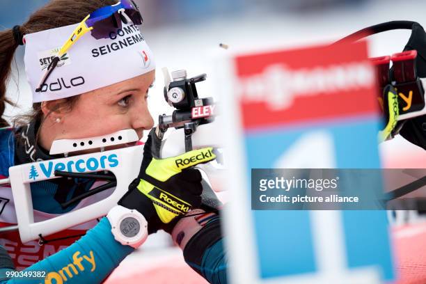 Anais Chevalier from France in action at the shooting range during a training session at the Biathlon World Cup in the Chiemgau Arena in Ruhpolding,...