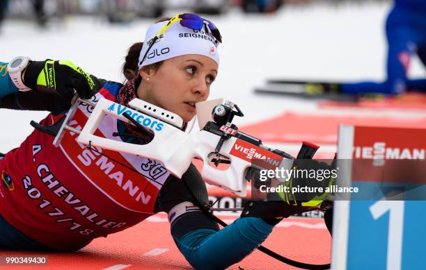 Anais Chevalier from France in action at the shooting range during a training session at the Biathlon World Cup in the Chiemgau Arena in Ruhpolding,...