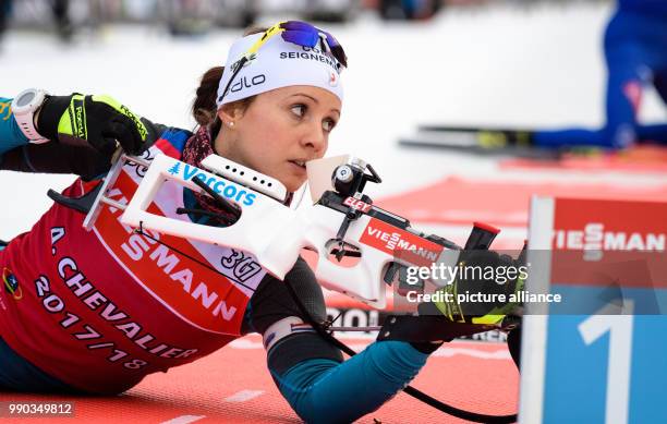 Anais Chevalier from France in action at the shooting range during a training session at the Biathlon World Cup in the Chiemgau Arena in Ruhpolding,...