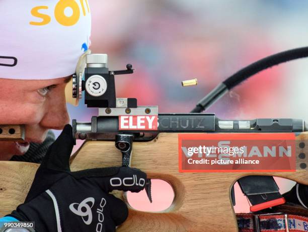 Marie Dorin-Habert from France in action at the shooting range during a training session at the Biathlon World Cup in the Chiemgau Arena in...