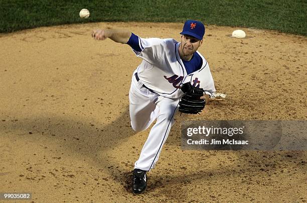 John Maine of the New York Mets delivers a pitch against the Washington Nationals on May 10, 2010 at Citi Field in the Flushing neighborhood of the...