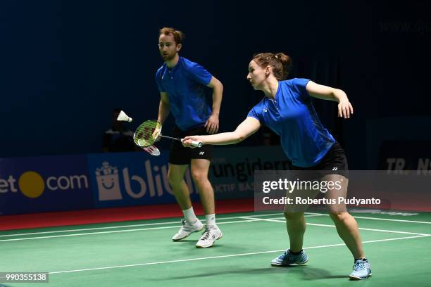 Sam Magee and Chloe Magee of Ireland compete against Mathias Christiansen and Christinna Pedersen of Denmark during Mixed Doubles Round 1 on day one...