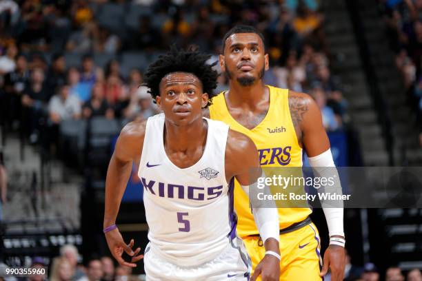 De'Aaron Fox of the Sacramento Kings boxes out Xavier Rathan-Mayes of the Los Angeles Lakers during the 2018 Summer League at the Golden 1 Center on...