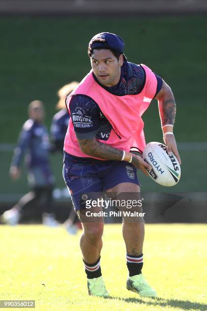 Issac Luke of the Warriors passes during a New Zealand Warriors NRL training session at Mount Smart Stadium on July 3, 2018 in Auckland, New Zealand.