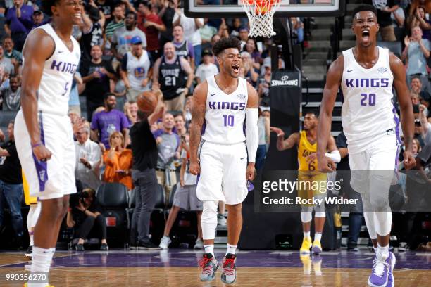 Frank Mason III of the Sacramento Kings reacts during the 2018 Summer League at the Golden 1 Center on July 2, 2018 in Sacramento, California. NOTE...
