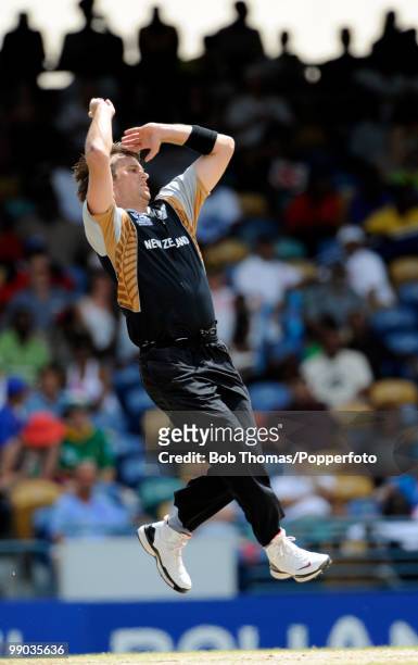 Shane Bond of New Zealand bowls during The ICC World Twenty20 Super Eight match between South Africa and New Zealand played at The Kensington Oval on...