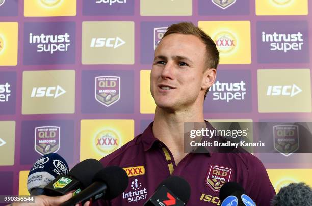 Daly Cherry-Evans speaks to the media during a Queensland Maroons Fan Day on July 3, 2018 in Hervey Bay, Australia.