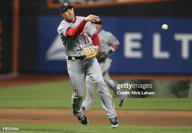 Ryan Zimmerman of the Washington Nationals throws to first against the New York Mets at Citi Field on May 11, 2010 in the Flushing neighborhood of...