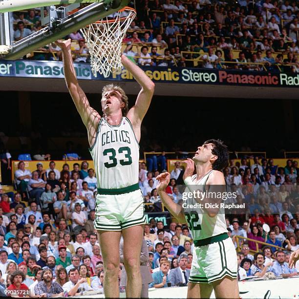 Larry Bird of the Boston Celtics shoots during the 1987 NBA Finals at the Boston Garden in Boston, Massachusetts. The Los Angeles Lakers defeated the...