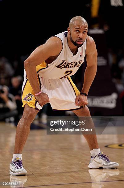 Derek Fisher of the Los Angeles Lakers stands on the court against the Utah Jazz during Game One of the Western Conference Semifinals of the 2010 NBA...