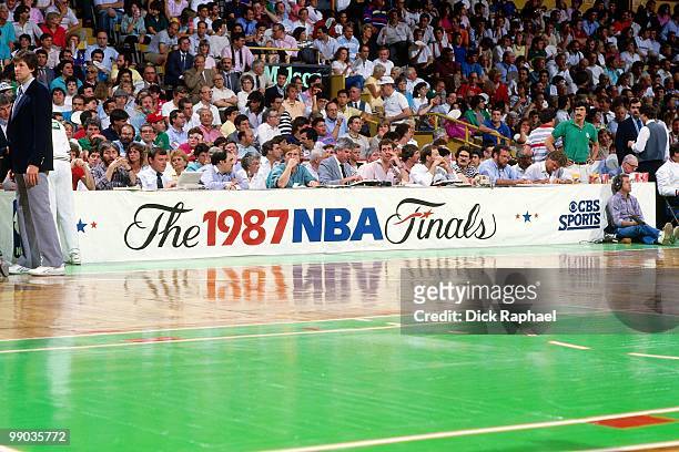 Banner is displayed at the scorers table during the 1987 NBA Finals between the Los Angeles Lakers and the Boston Celtics at the Boston Garden in...