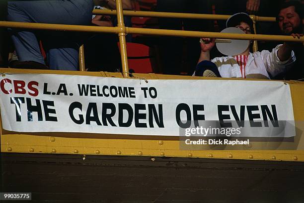 Banner is displayed during the 1987 NBA Finals between the Los Angeles Lakers and the Boston Celtics at the Boston Garden in Boston, Massachusetts....