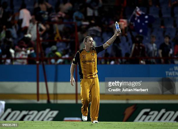 Brad Haddin of Australiasalutes fans after the ICC World Twenty20 Super Eight match between the West Indies and Australia played at the Beausejour...