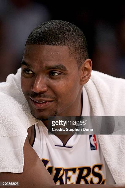 Andrew Bynum of the Los Angeles Lakers looks on in the game against the Utah Jazz during Game One of the Western Conference Semifinals of the 2010...