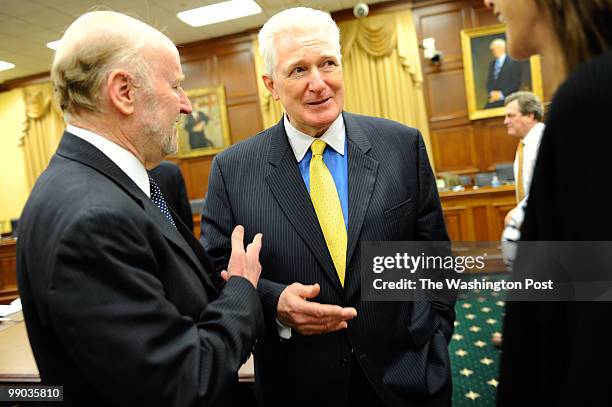 Rocco Landesman, Chairman, National Endowment for the Arts , is greeted by committee chair Jim Moran, after he testified at a hearing before the...