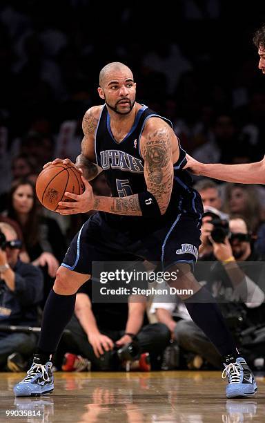 Carlos Boozer of the Utah Jazz controls the ball against the Los Angeles Lakers during Game One of the Western Conference Semifinals of the 2010 NBA...