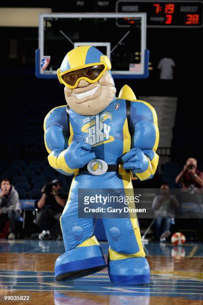 Mascot Sky Guy of the Chicago Sky entertains the crowd during the preseason WNBA game against the Minnesota Lynx on May 6, 2010 at the AllState Arena...
