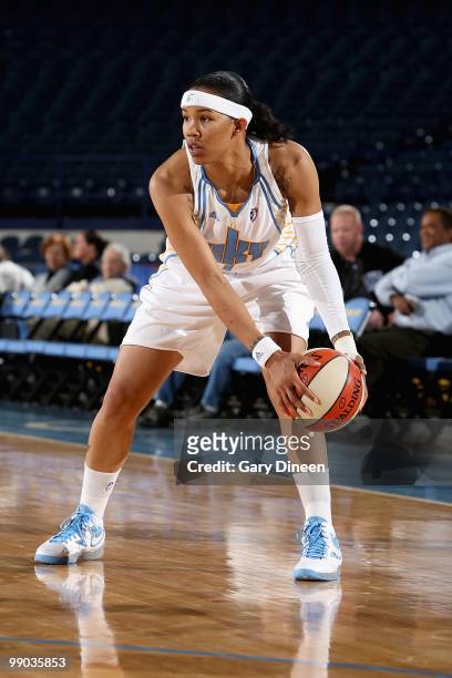 Tamera Young of the Chicago Sky looks to pass during the preseason WNBA game against the Minnesota Lynx on May 6, 2010 at the AllState Arena in...