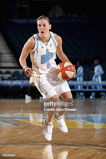 Erin Thorn of the Chicago Sky drives the ball up court during the preseason WNBA game against the Minnesota Lynx on May 6, 2010 at the AllState Arena...