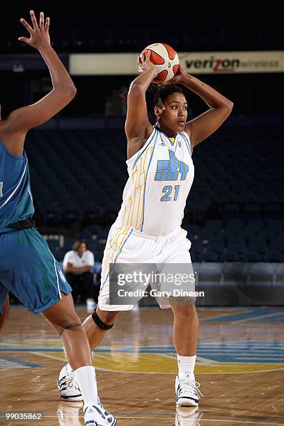 Abi Olajuwon of the Chicago Sky looks to pass during the preseason WNBA game against the Minnesota Lynx on May 6, 2010 at the AllState Arena in...